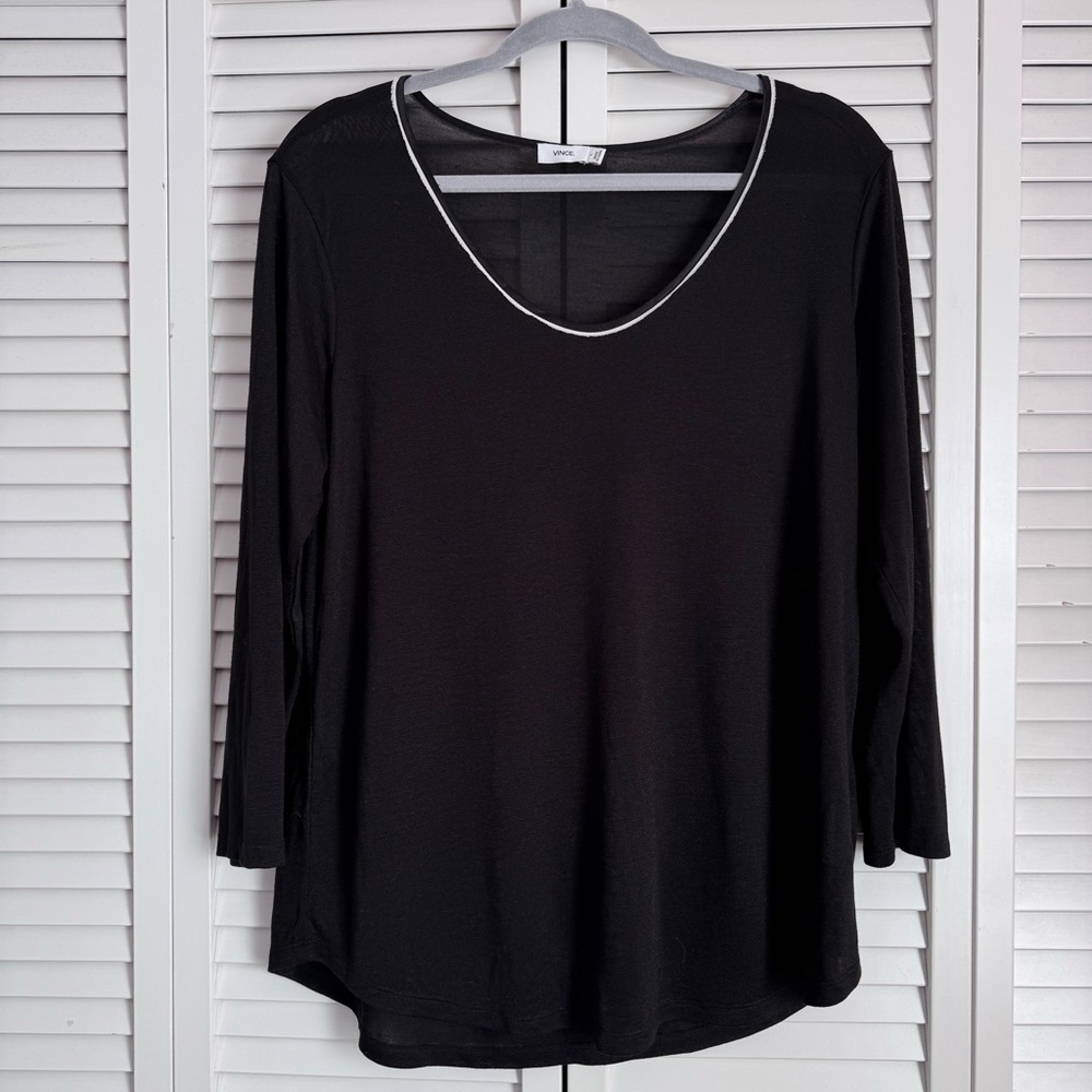 Vince Contrast Neck Fringe Pullover Semi Sheer 3/4 Sleeve Top Black Size Large